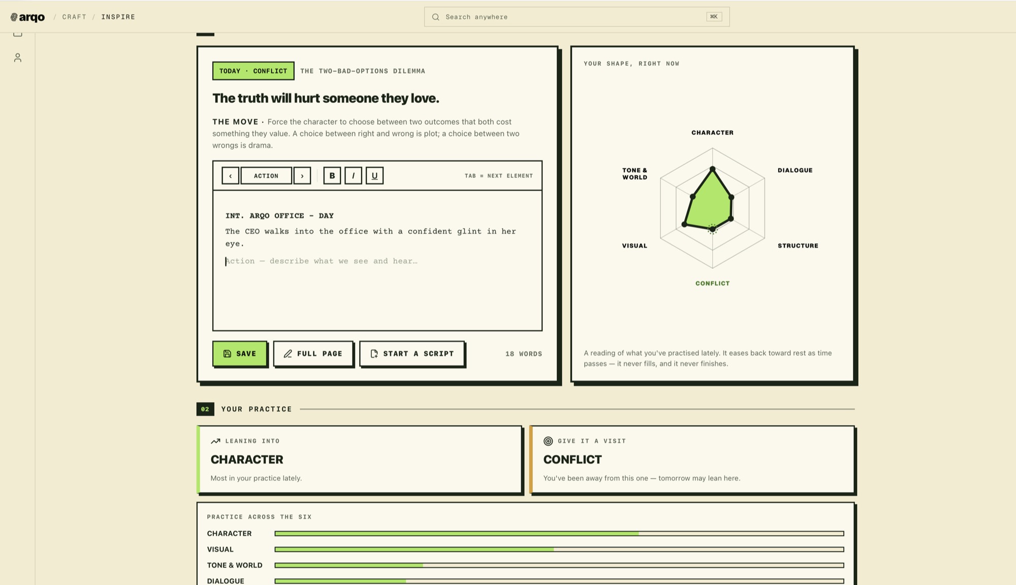 Arqo daily craft practice: a writing prompt beside a radar chart of practice across six skills