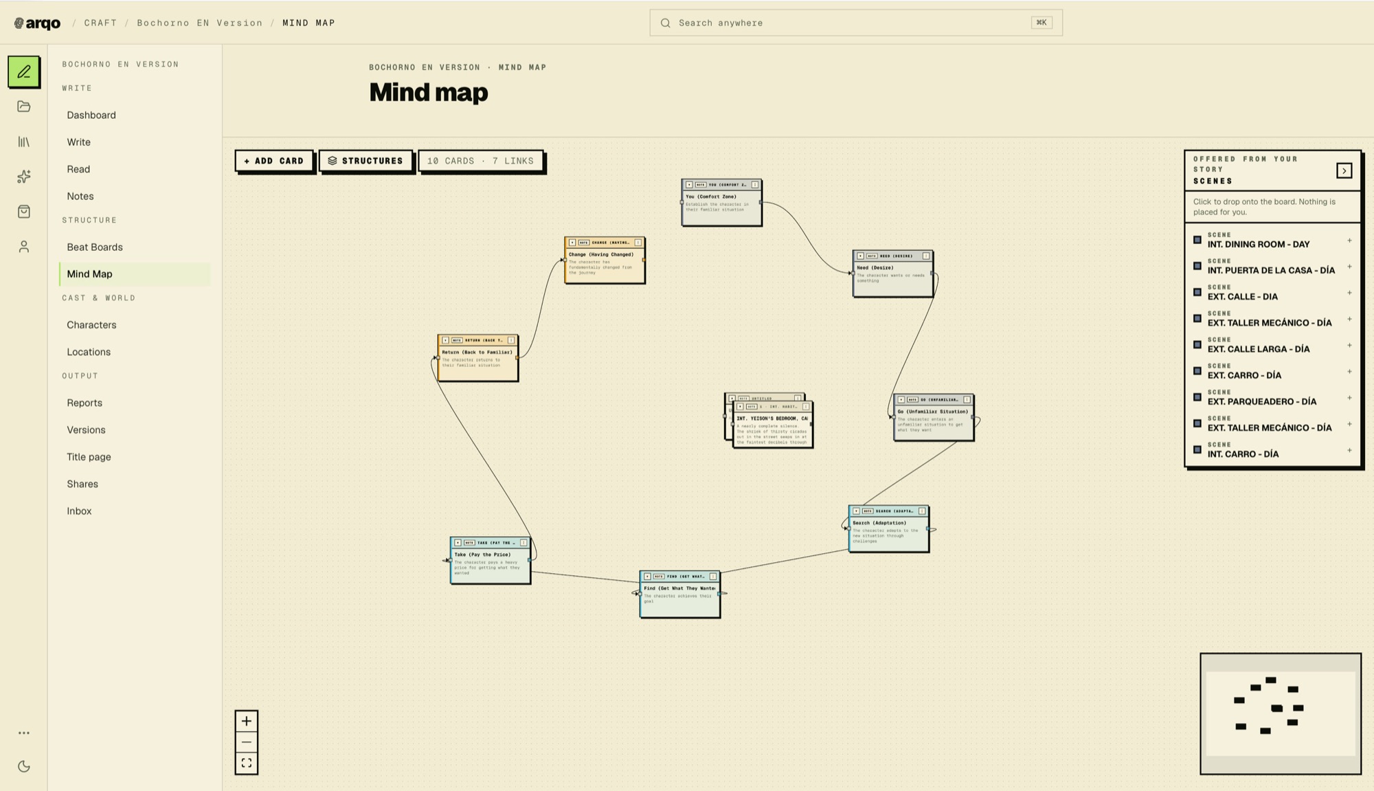 Arqo mind map: scenes as linked cards on a board