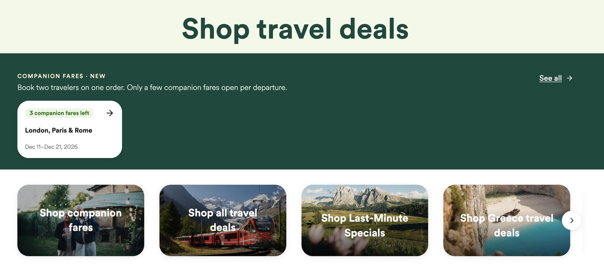 Go Ahead Tours travel deals page with a companion fares band: a '3 companion fares left' deal card and a slider of campaign tiles