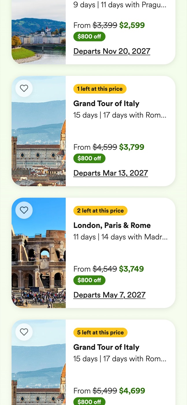Go Ahead Tours deal cards on a phone