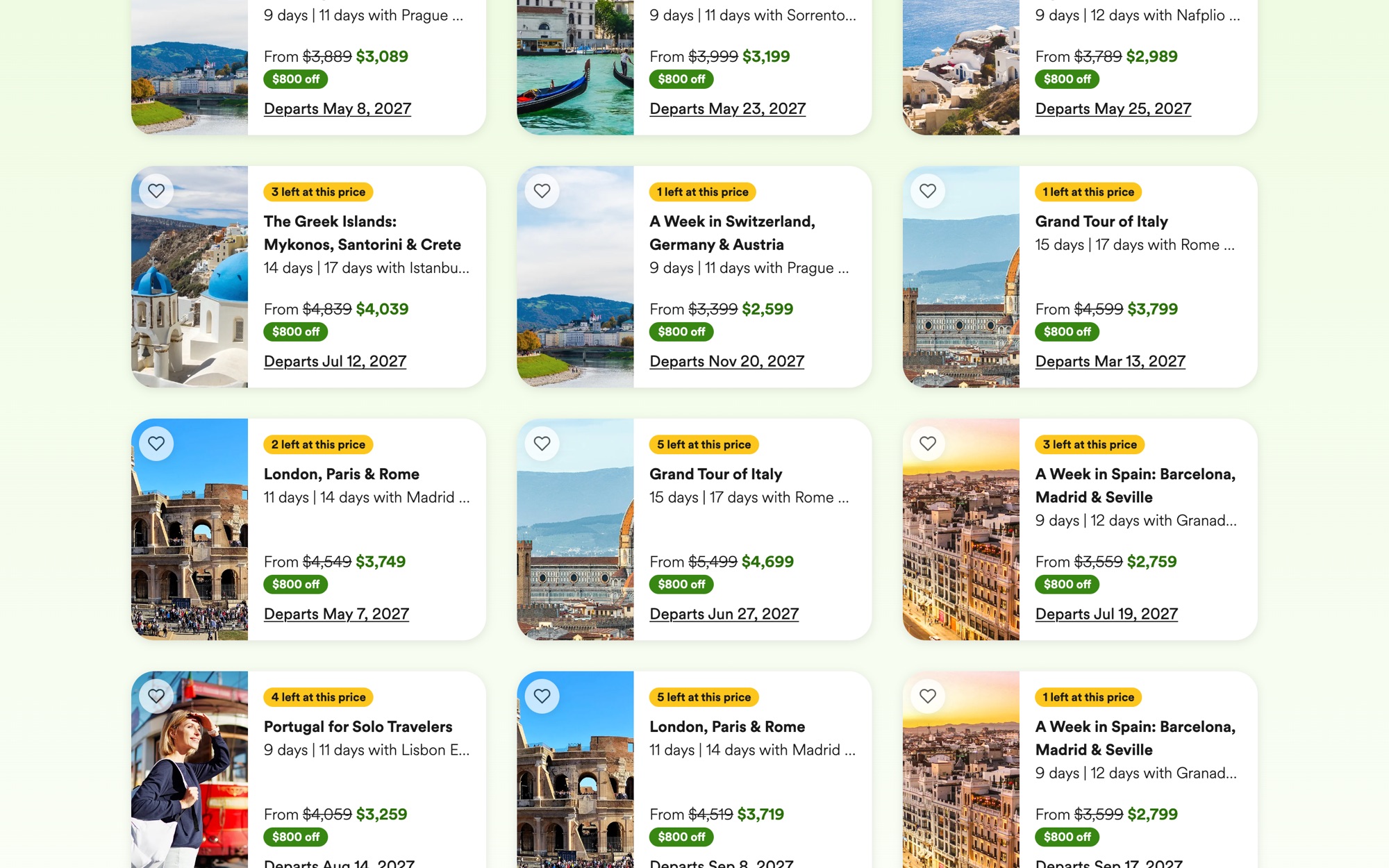 Go Ahead Tours deal cards: 'X left at this price' badges, strike-through pricing, a discount pill, and departure dates
