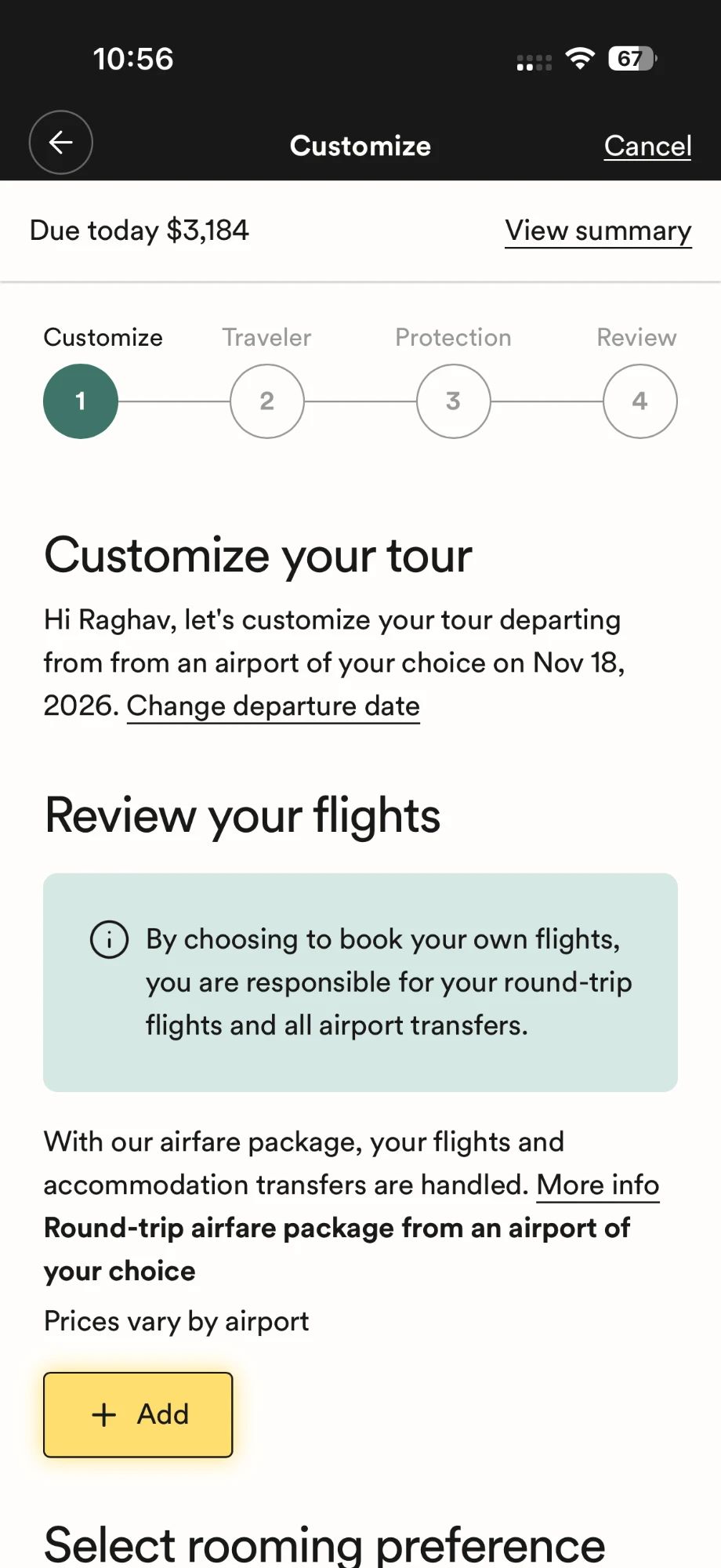 EF native-app checkout, step 1 of 4, with the price due today always on screen