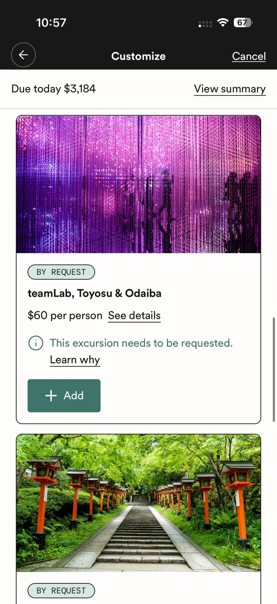 Native checkout excursion cards with 'by request' tags and add buttons
