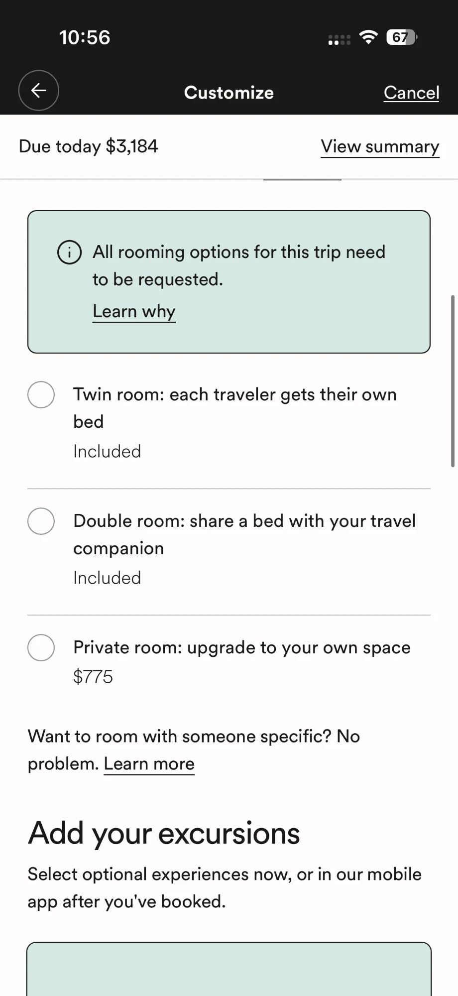 Native checkout rooming options: twin, double, or a private-room upgrade, with a note that rooming must be requested