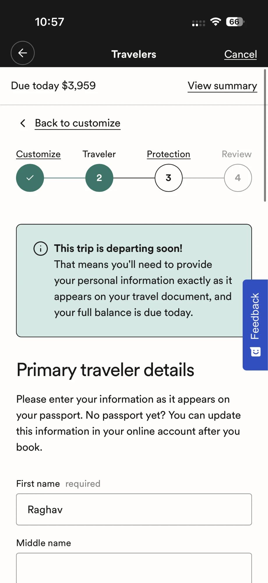 Native checkout step 2, traveler details, with a 'departing soon' notice explaining passport details and full payment