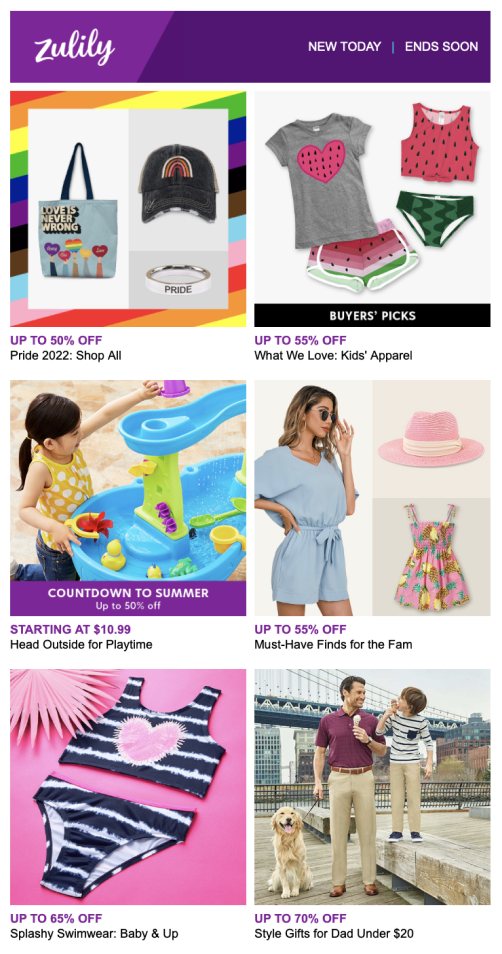 The original Zulily daily email: a long single column of event tiles