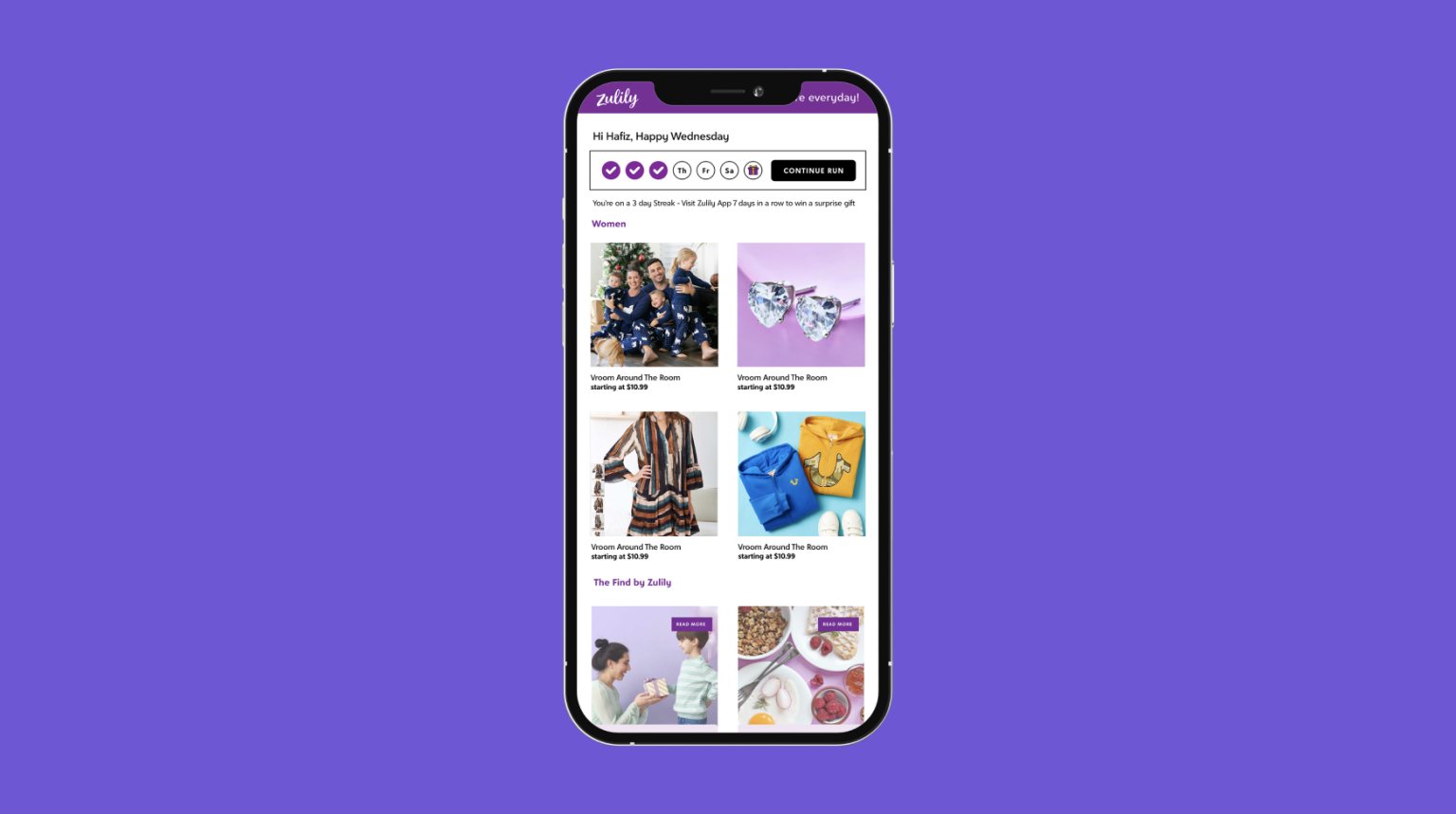 The redesigned Zulily daily email on a phone