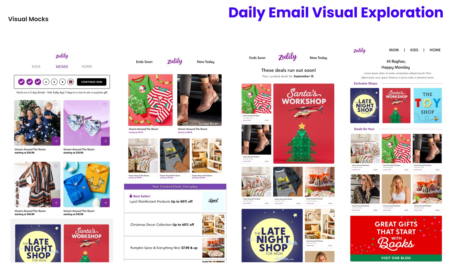 Daily email visual exploration: several mocked-up directions for the redesigned email
