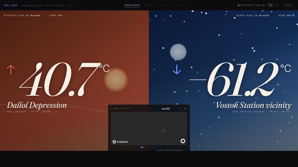 Hot / Cold: the hottest and coldest places on earth, updated every 15 minutes